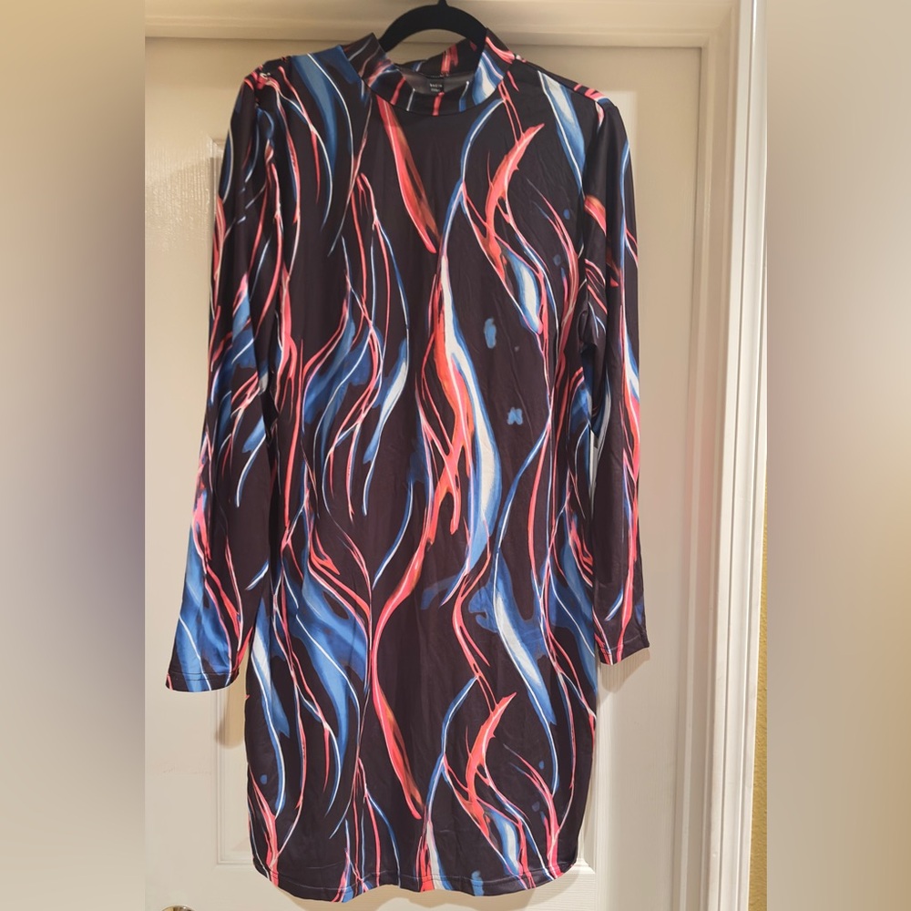 Shein Vivid Multi Color Abstract Patterned Long Sleeve Dress